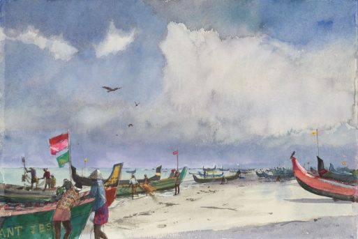 Boats as Far as the Eye Can See Watercolour painting 38 x 56 cm