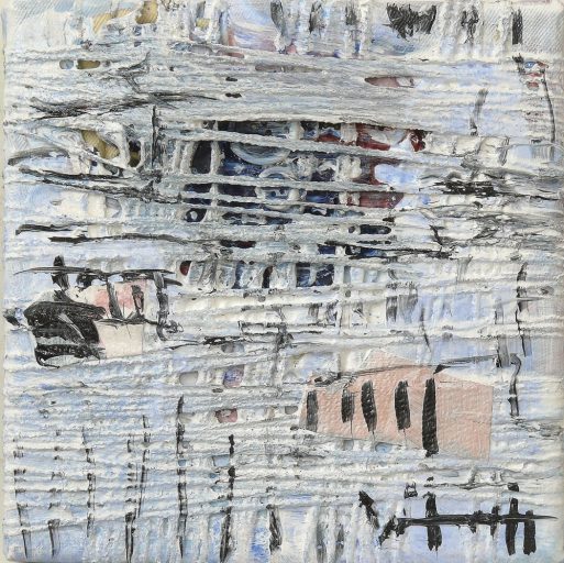 Small City acrylic and junk on canvas 20x20cm 2026
