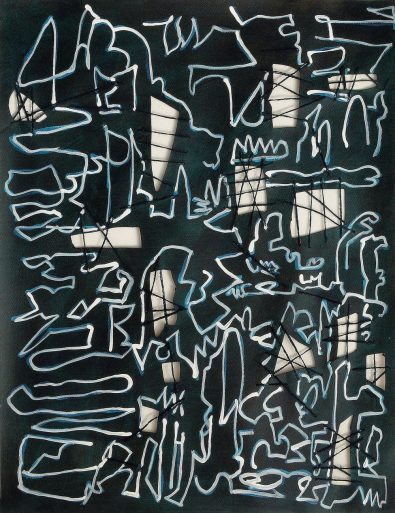 Steelworks acrylic and thread on paper 65x50cm 2026
